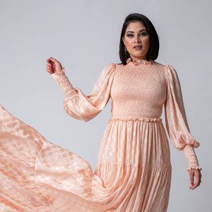 Peach Long Dress with Long Sleeves and a Ruffled Collar